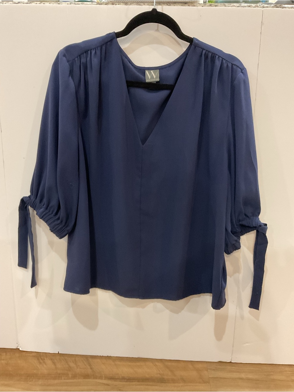 Worthington Navy V-Neck Tie-Sleeve Top